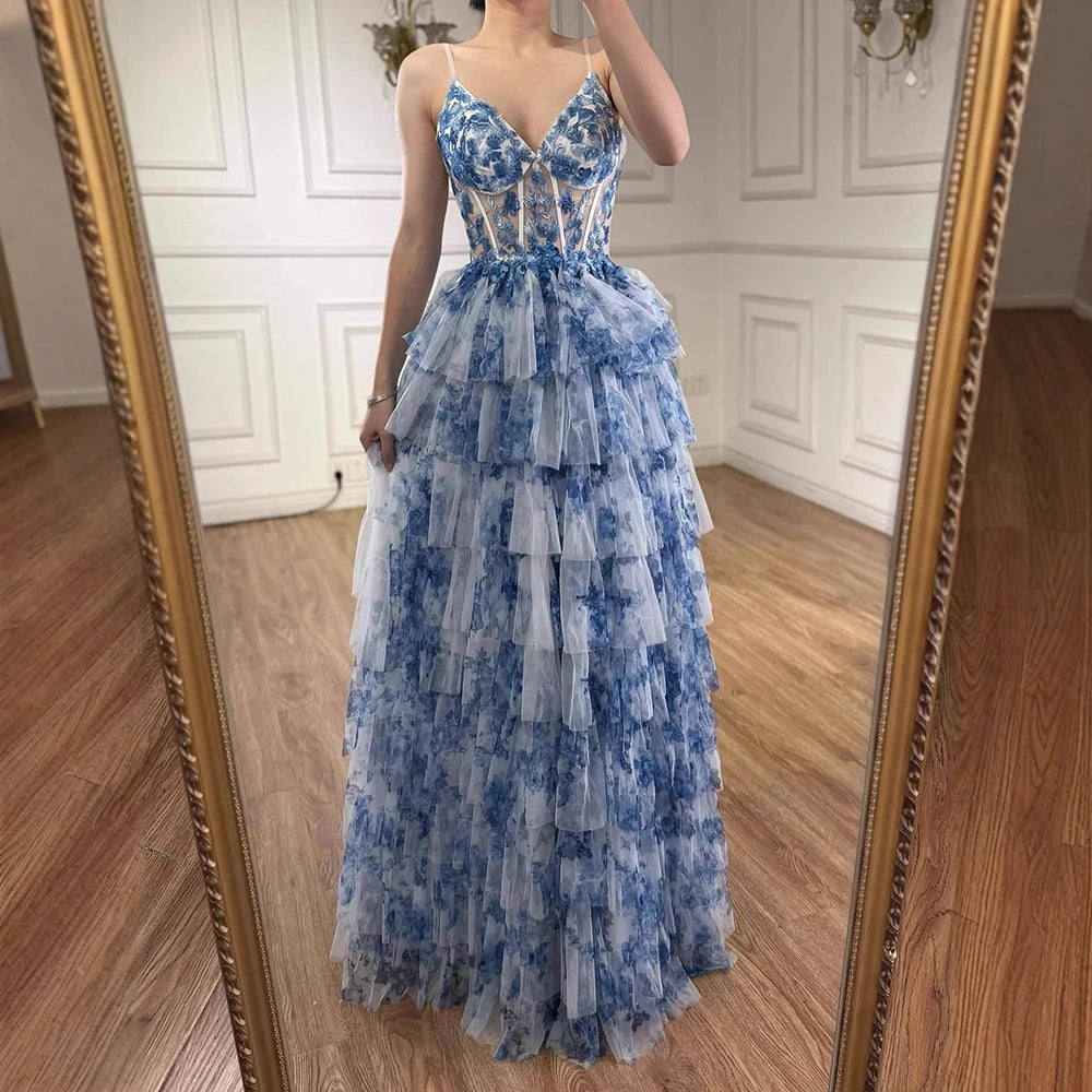 Serene Hill Spaghetti straps blue print floral Ruffle prom dress - SERENE HILL