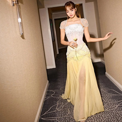 Luxury Yellow Pearls A-Line Evening Dress with Flowing Coat LA72978 - SERENE HILL