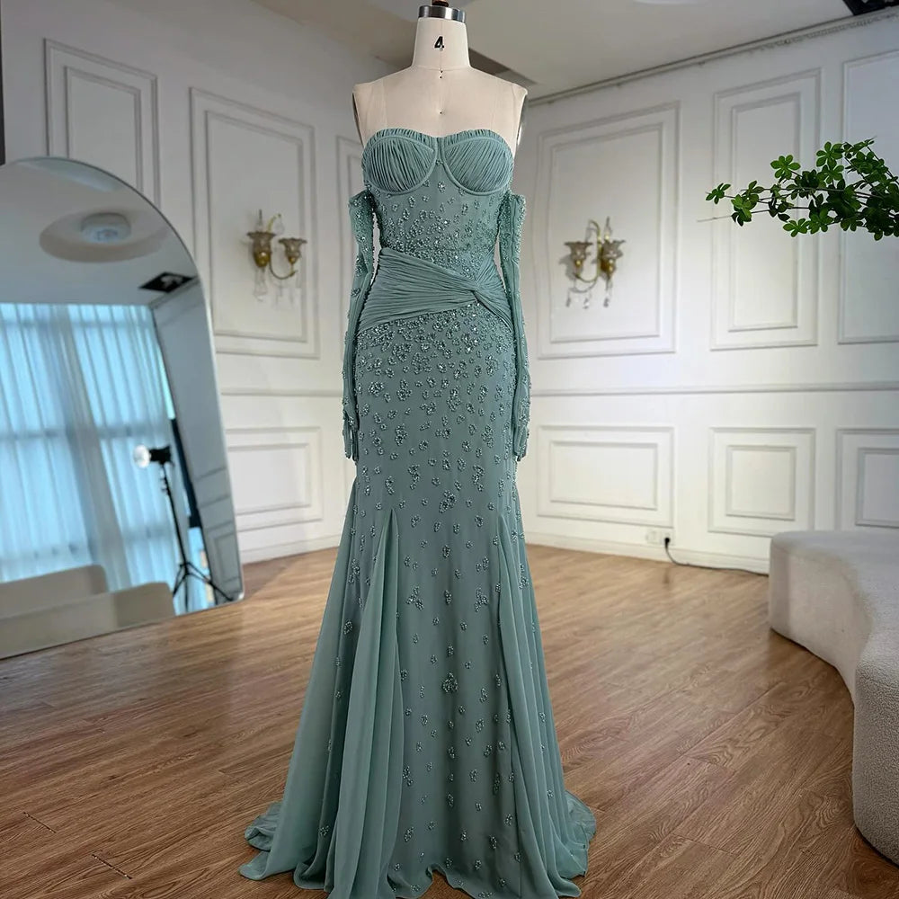 Luxury Turquoise Beaded Evening Dress with Gloves LA72933 - SERENE HILL