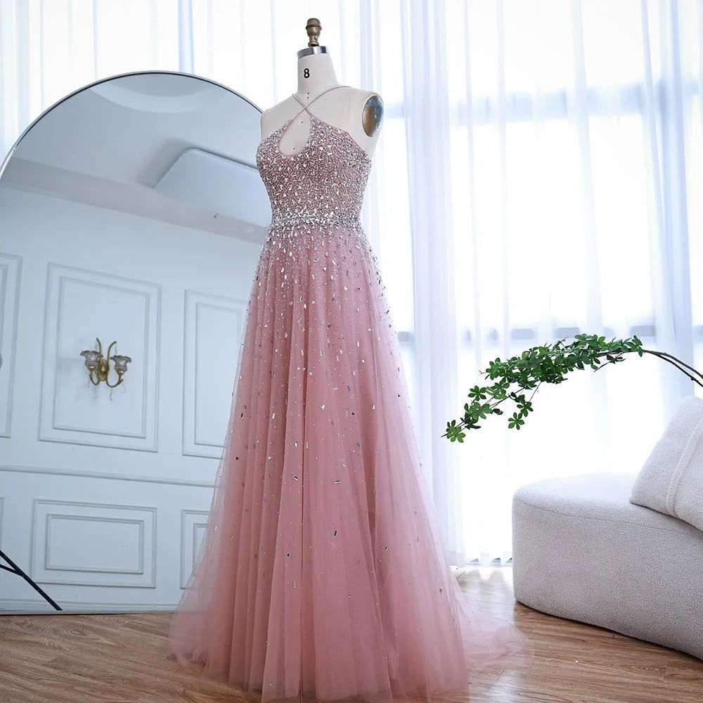 Caramel Halter Beaded Tulle A-Line Evening Gown Dubai Saudi LA72863 - SERENE HILL