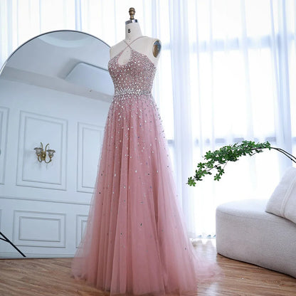 Caramel Halter Beaded Tulle A-Line Evening Gown Dubai Saudi LA72863 - SERENE HILL