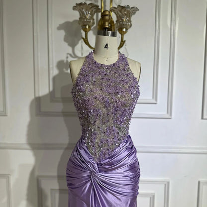 Luxury Dubai Lilac Halter Neck Satin Split Mermaid Evening Dress LA72668 - SERENE HILL