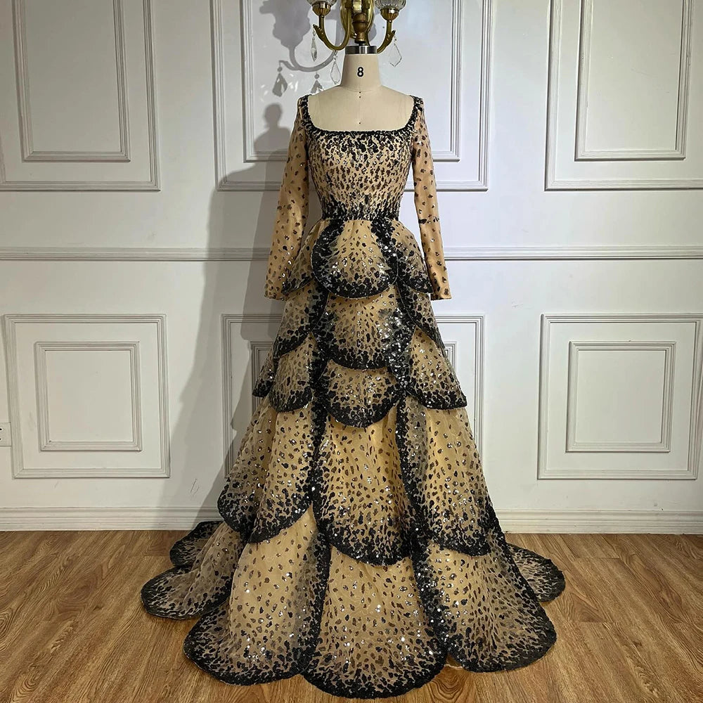 Luxury Black Nude Sequin Evening Dress with Long Sleeves LA72505B - SERENE HILL