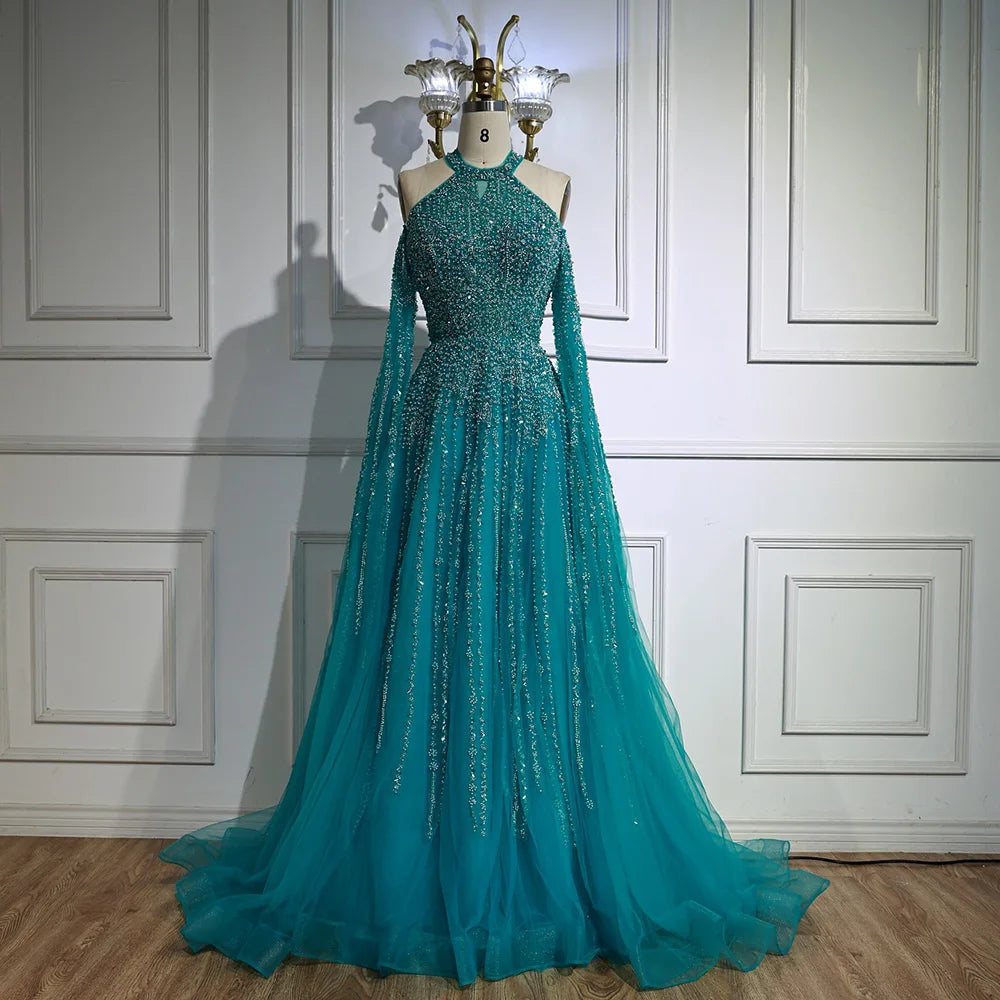 Luxury Turquoise Beaded A Line Evening Dress with Cape Sleeves LA72820 - SERENE HILL