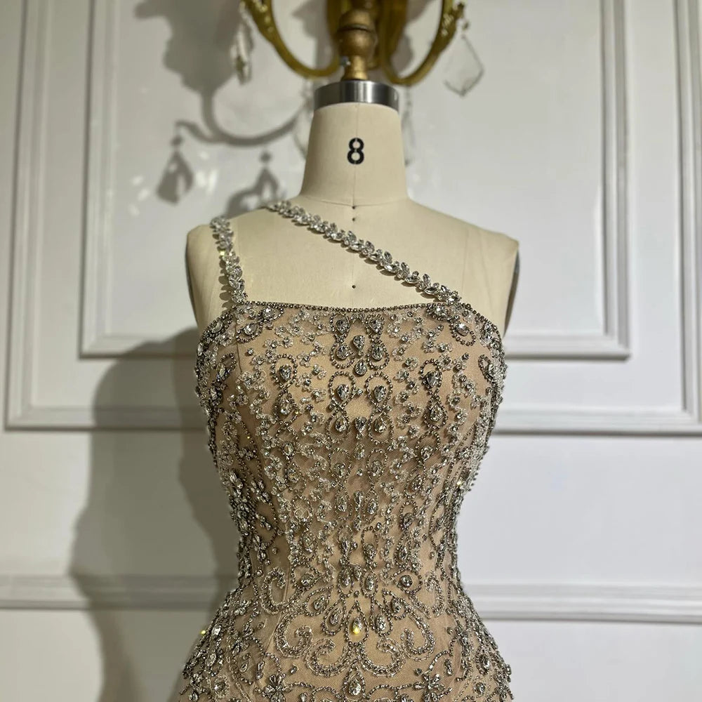 Luxury Dubai Elegant Nude One Shoulder Beaded Evening Dresses Gowns for Formal Occasion LA72791 - SERENE HILL