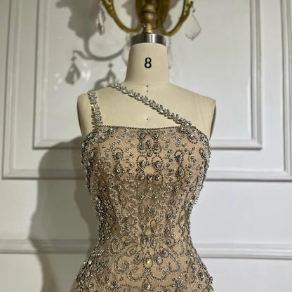 Luxury Dubai Elegant Nude One Shoulder Beaded Evening Dresses Gowns for Formal Occasion LA72791 - SERENE HILL
