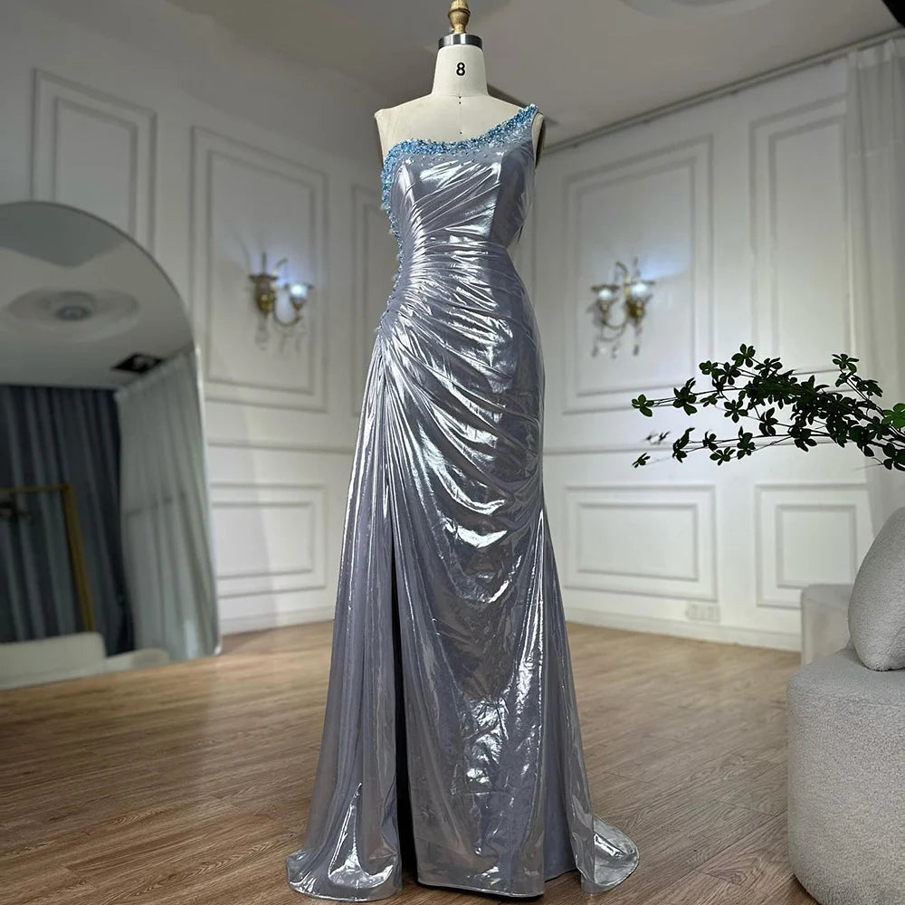 Serene Hill 2025 Elegant Silver One-Shoulder Beaded Mermaid Luxury Dubai Evening Gown with Side Split for Women&