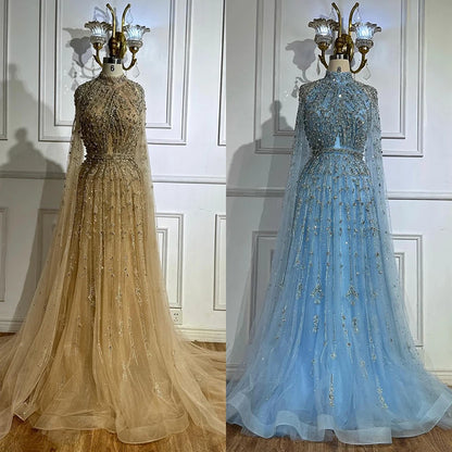 Luxury Blue Beaded A-Line Evening Gown with Cape Sleeves LA71803G - SERENE HILL