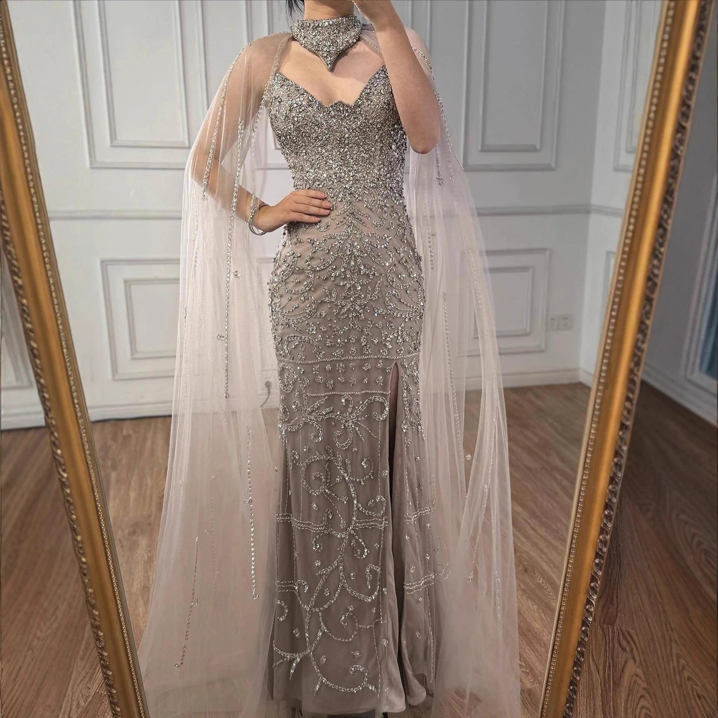Luxury Sexy Split Evening Dress With Cape Nude LA73339 - SERENE HILL