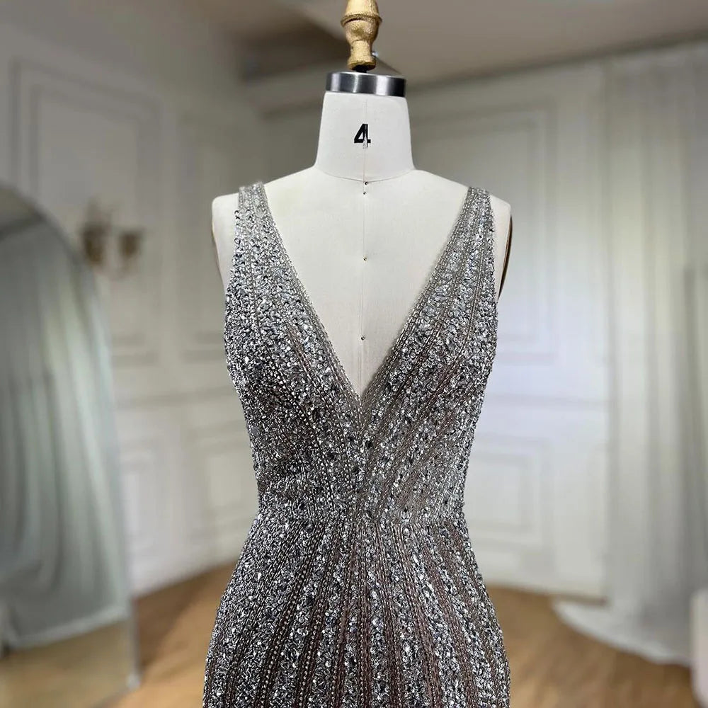 Luxury Silver Feather Mermaid V-Neck Evening Dress LA60749 - SERENE HILL