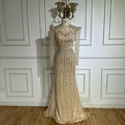 Luxury Dubai Pink Elegant Pearls Beaded Mermaid Evening Dress LA72826 - SERENE HILL