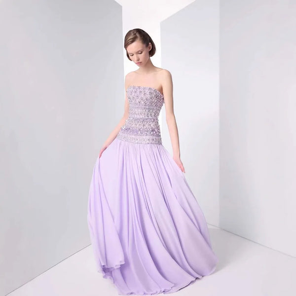 Lilac Strapless Beaded A Line Arabic Evening Dress LA73044
