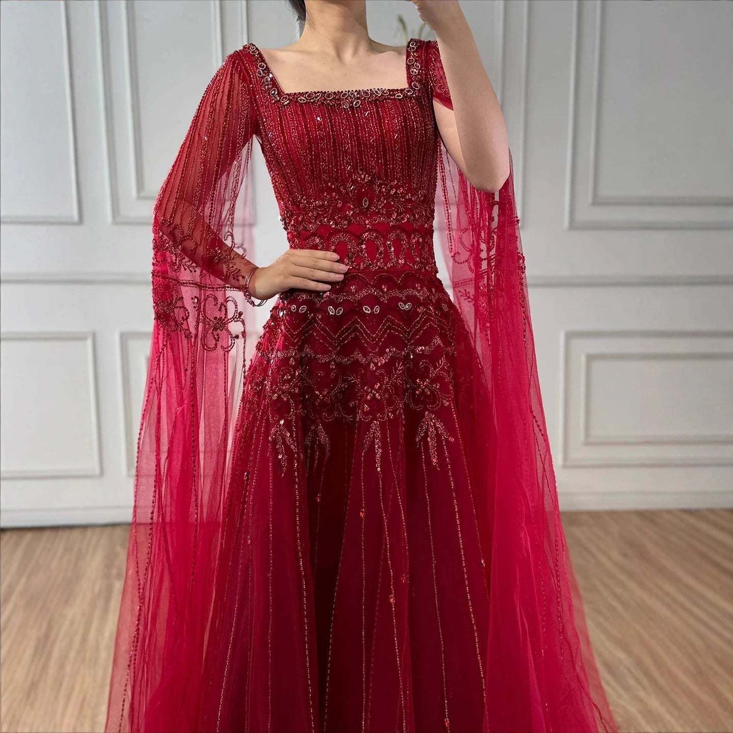 Luxury Caramel A-Line Beaded Evening Dress with Cape Sleeves LA73089A - SERENE HILL