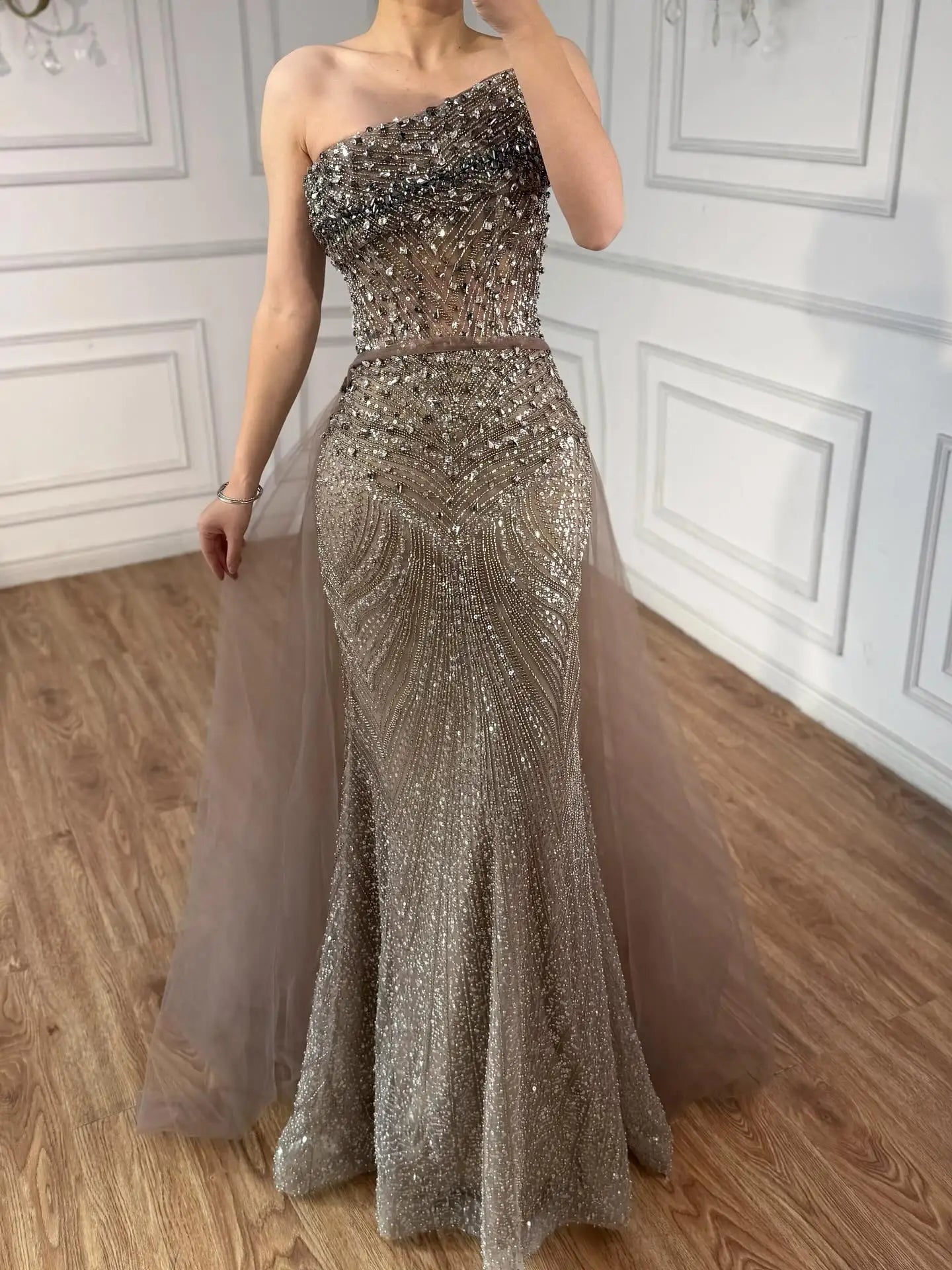Luxury Olive Green Beaded Mermaid Evening Dress with Detachable Overskirt LA73164A - SERENE HILL