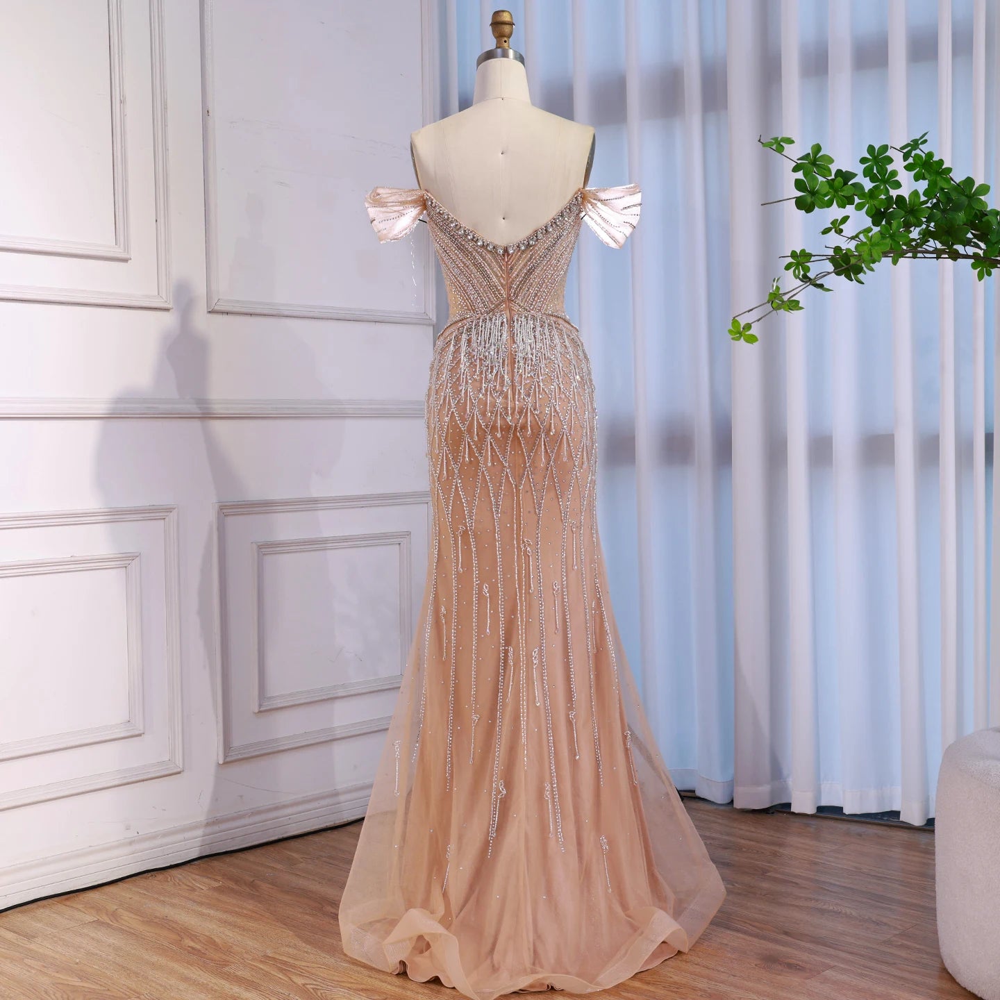 Luxury Nude Off Shoulder Beaded Tassel Evening Dress LA72854A - SERENE HILL