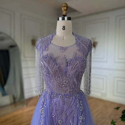 Serene Hill 2025 Arabic lilac Elegant A Line Beaded Tassel Luxury Dubai Evening Dresses Gowns for Woman Wedding Party LA72422 - SERENE HILL