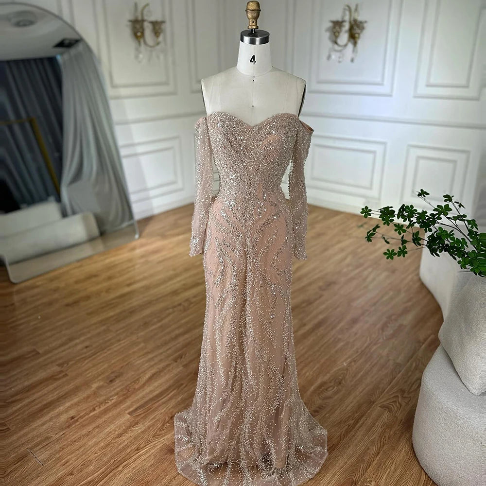Luxury Beaded Evening Dress Off-Shoulder Long Sleeves Sequins LA72824A - SERENE HILL