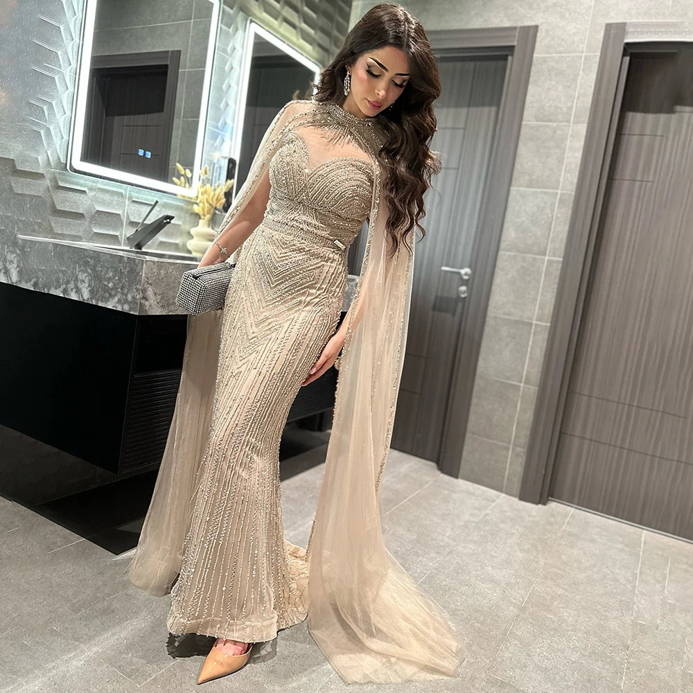 Luxury Nude Mermaid Evening Dress with Cape Sleeve LA72233A - SERENE HILL