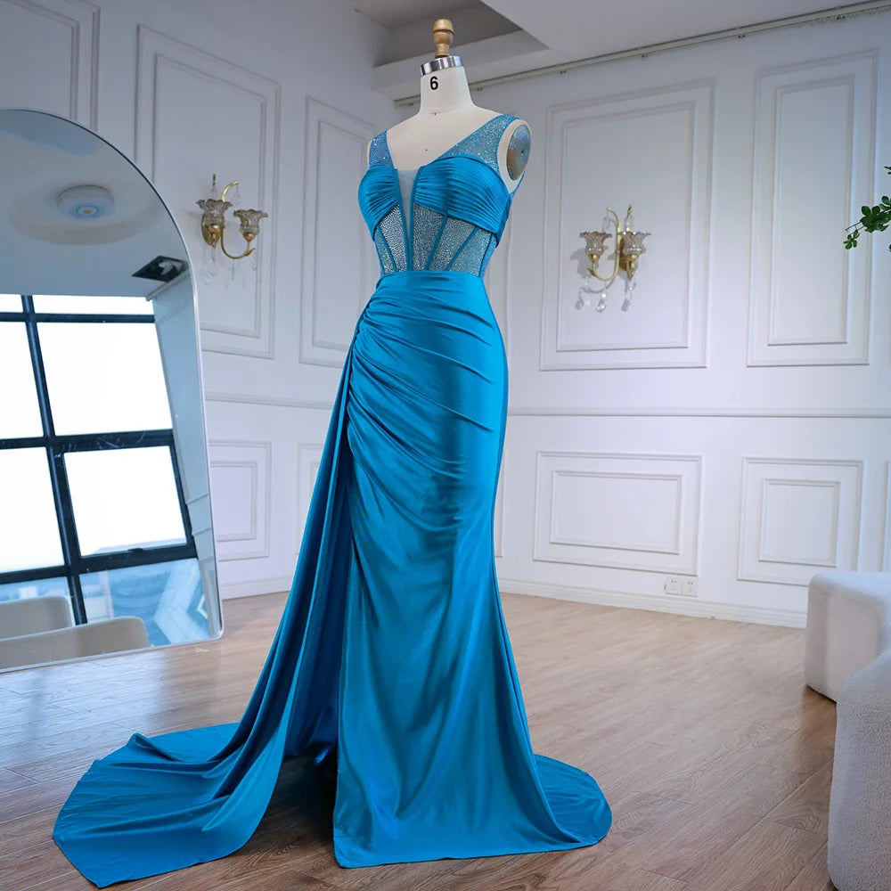Blue Prom Dress with Side Overskirt Spaghetti Straps LA73011 - SERENE HILL