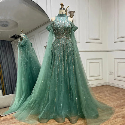 Serene Hill 2025 Arabic Turquoise Cape Sleeves A-Line Beaded Feathers Long Evening Gowns for Women Wedding Party LA72644 - SERENE HILL