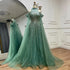 Serene Hill 2025 Arabic Turquoise Cape Sleeves A-Line Beaded Feathers Long Evening Gowns for Women Wedding Party LA72644 - SERENE HILL