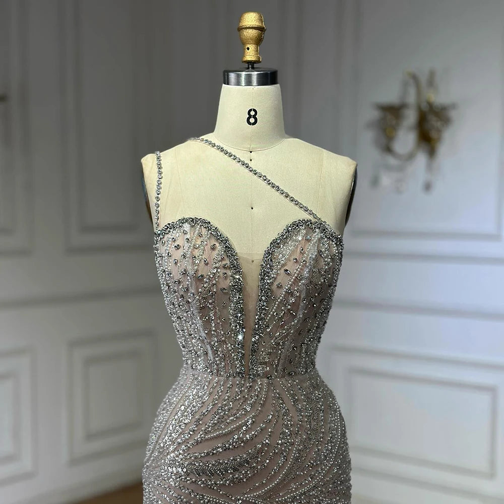 Luxury Dubai Nude Beaded One-Shoulder Evening Gown with Crystal for Formal Occasion LA72872 - SERENE HILL