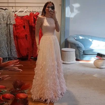 Luxury Dubai Saudi Luxury Pink Feathers A Line Arabic Beaded Evening Dress Gown for Formal Occasion LA72721 - SERENE HILL