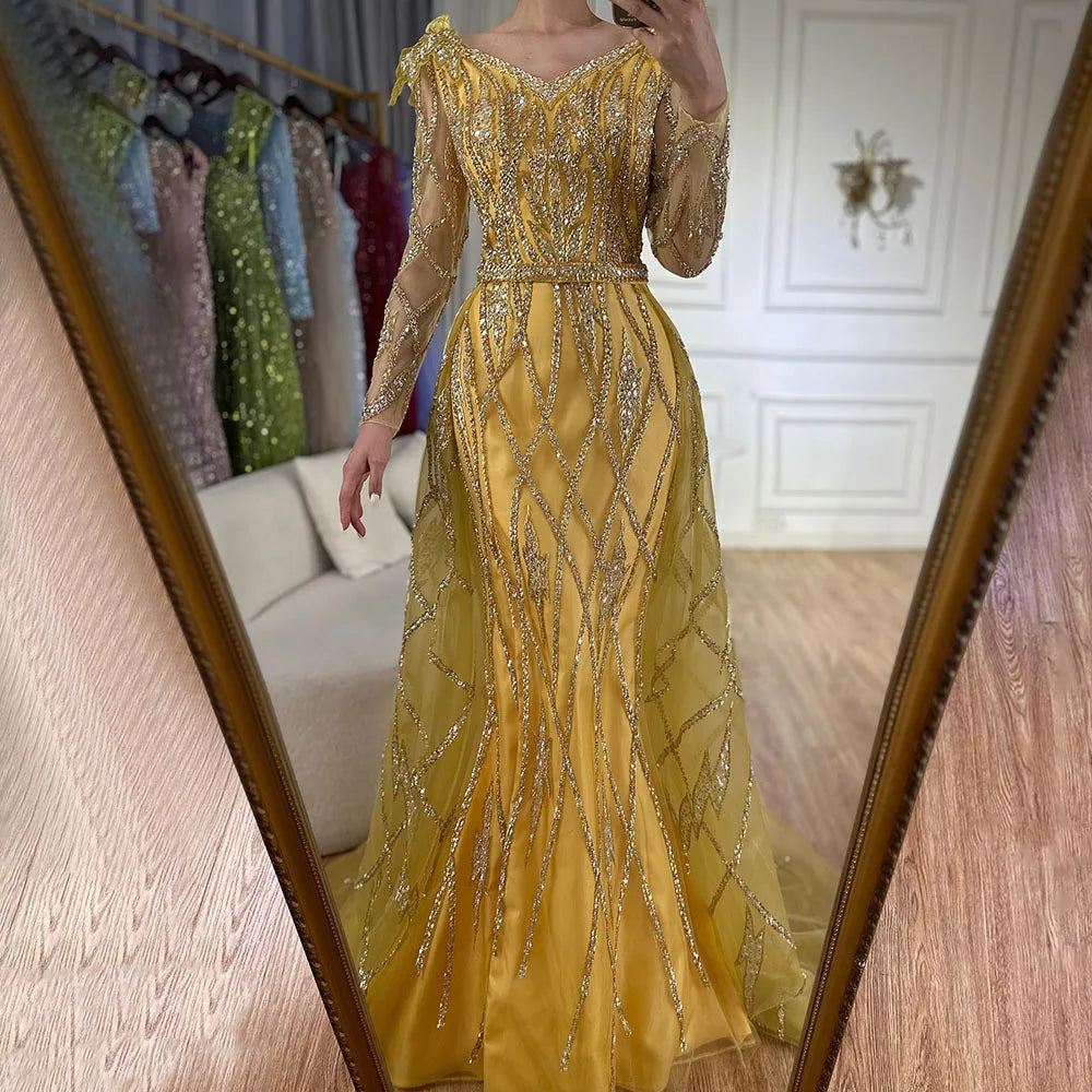 Serene Hill Muslim Gold Mermaid With Overskirt Beaded Luxury Dubai Evening Dresses Gowns 2025 For Women Wedding Party LA72211 - SERENE HILL