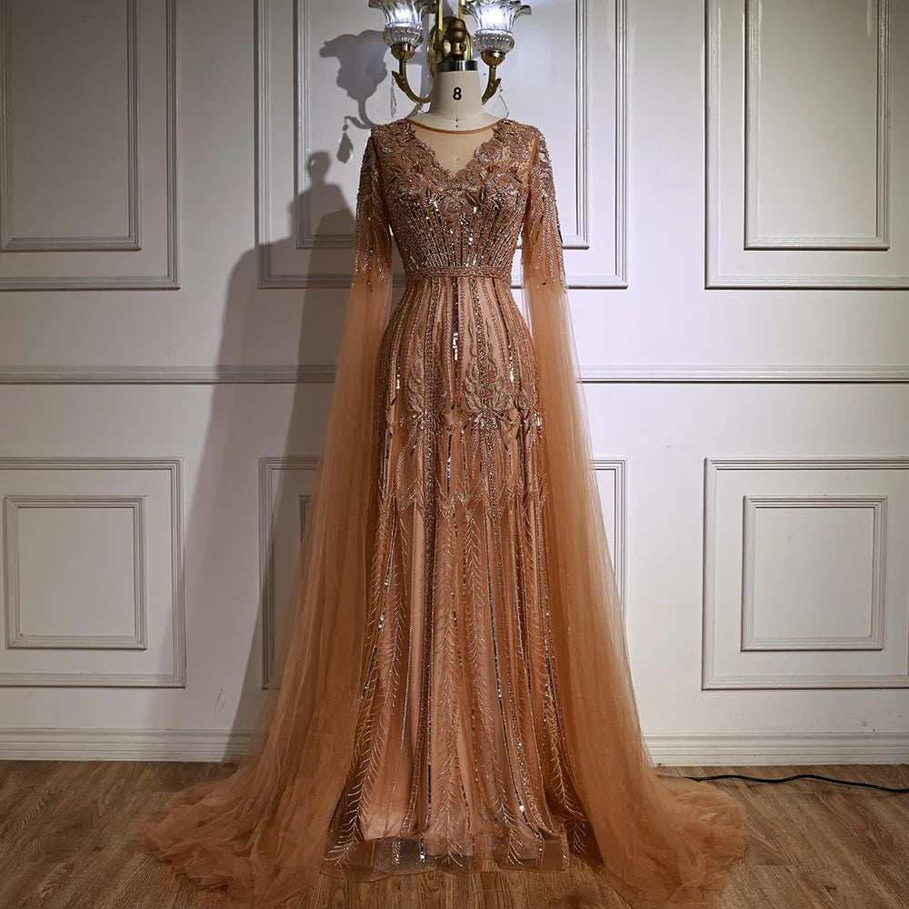 Elegant Beaded A-Line Evening Dress with Cape Sleeves LA73056 - SERENE HILL