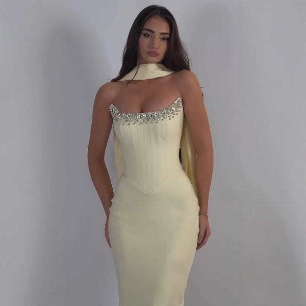 Luxury Yellow Crystal Beaded Mermaid Luxury Evening Dress Elegant LA73175A