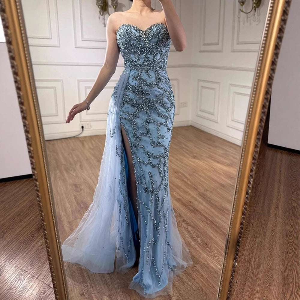 Luxury Saudi Arabic Blue Beaded Evening Dress with Slit LA72877 - SERENE HILL