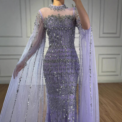 Luxury Nude Beaded Evening Dress with Long Cape Sleeves LA72714A - SERENE HILL