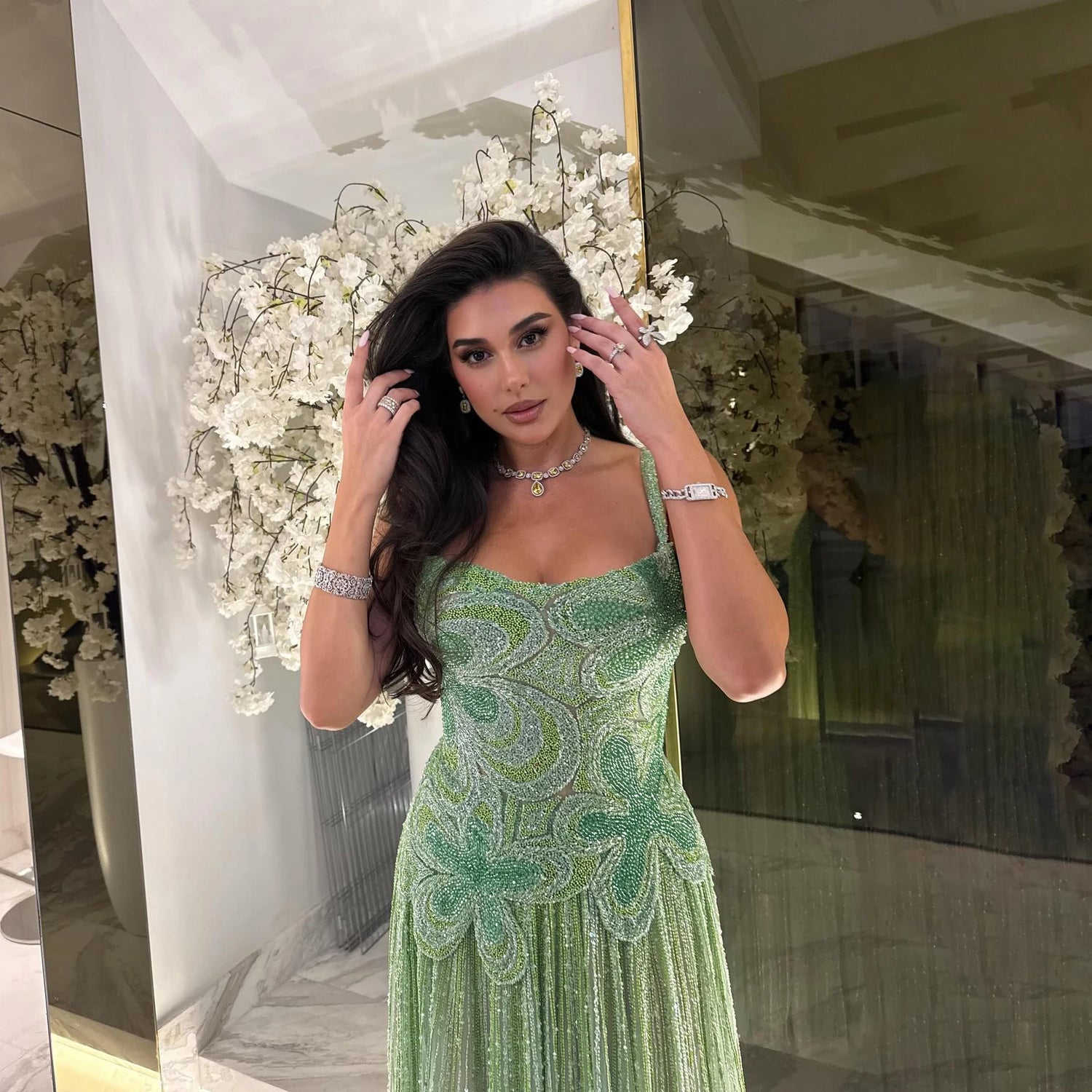 Luxury Arabic Green Beaded Spaghetti Strap Evening Dress LA73332 - SERENE HILL