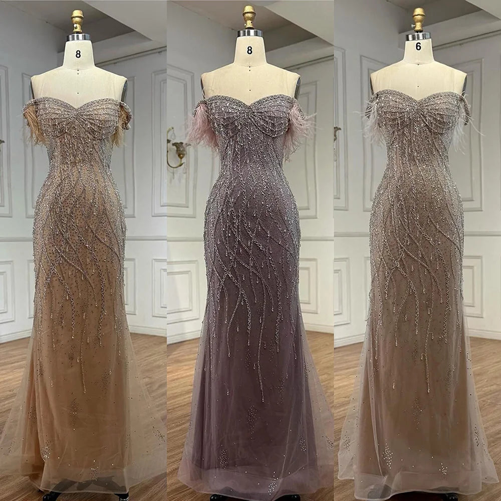 Luxury Nude Beaded Feather Mermaid Evening Dress Dubai Style LA72818 - SERENE HILL