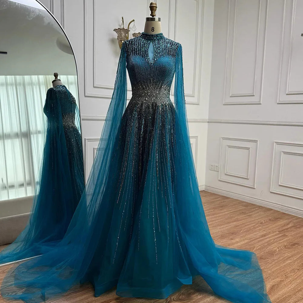 Luxury Modest Blue Beaded Evening Dress with Cape LA73059 turquoise / 16 Luxury Modest Blue Beaded Evening Dress with Cape LA73059 turquoise / 16