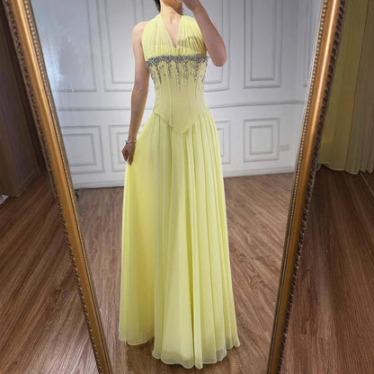 Luxury Designer Sage Green Chiffon Halter Beaded Evening Dress LA73074 - SERENE HILL