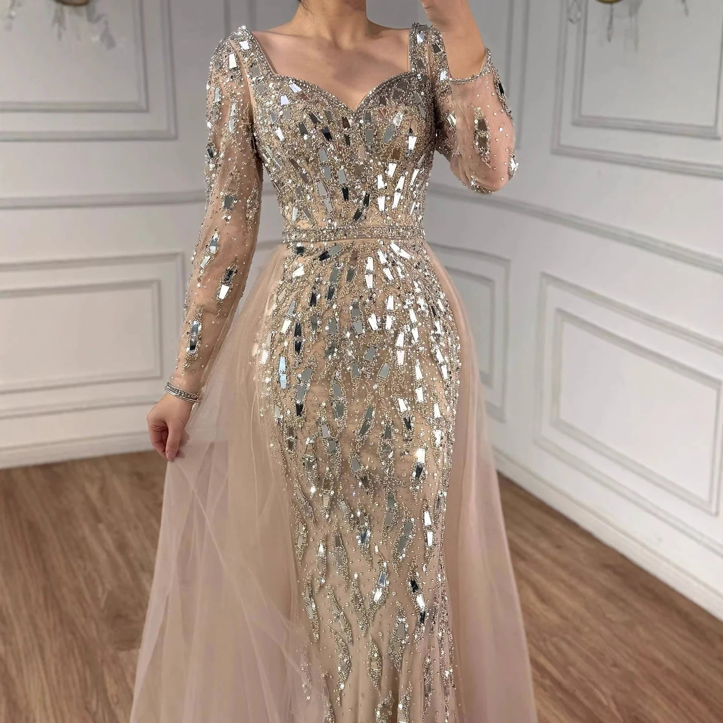 Luxury Arabic Nude Long Sleeve Mermaid Evening Dress LA73113A - SERENE HILL