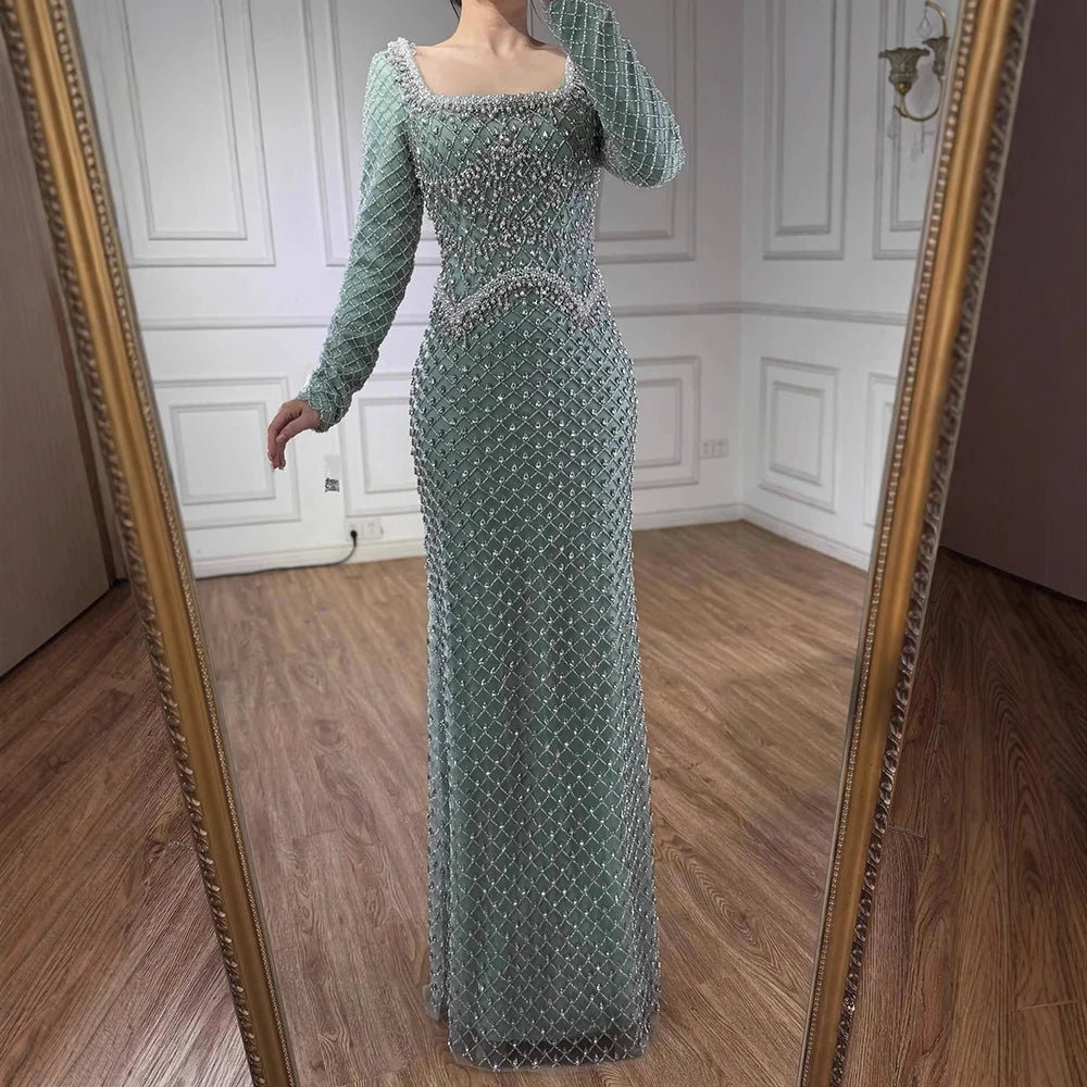 Modest Pearl Beaded Mermaid Evening Dress with Long Sleeves LA72919A - SERENE HILL