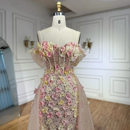Luxury Nude Floral Beaded Off-Shoulder Evening Dress with Overskirt LA72861 - SERENE HILL