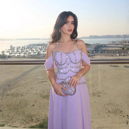 Luxury Arabic Lilac Chiffon Beaded A-Line Evening Dress LA73327 - SERENE HILL