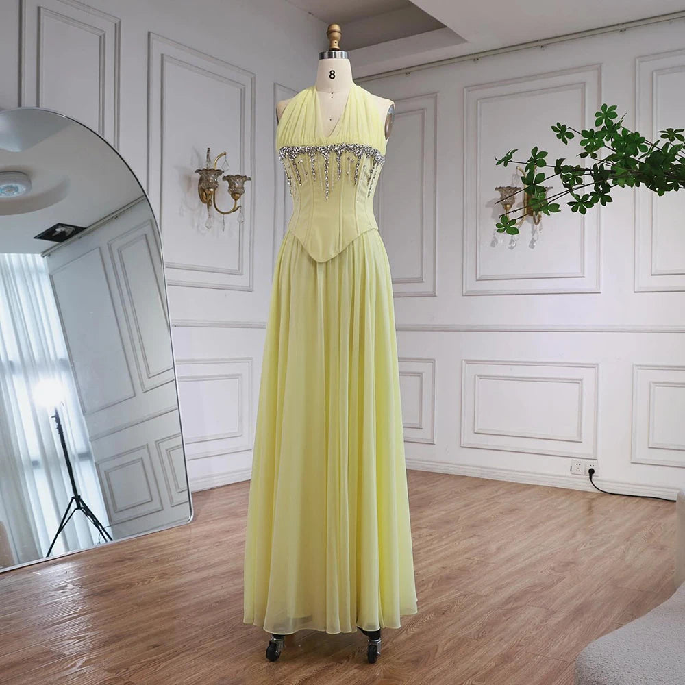 Luxury Designer Sage Green Chiffon Halter Beaded Evening Dress LA73074 - SERENE HILL