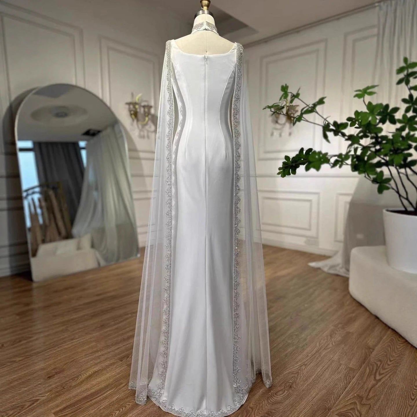 Luxury Blue Mermaid Beaded Evening Dress with Cape Sleeves LA72086 - SERENE HILL