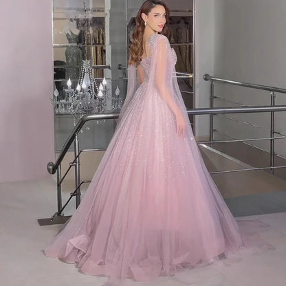 Luxury Pink Tulle Beaded A-Line Evening Dress with Cape Sleeves LA73072 - SERENE HILL