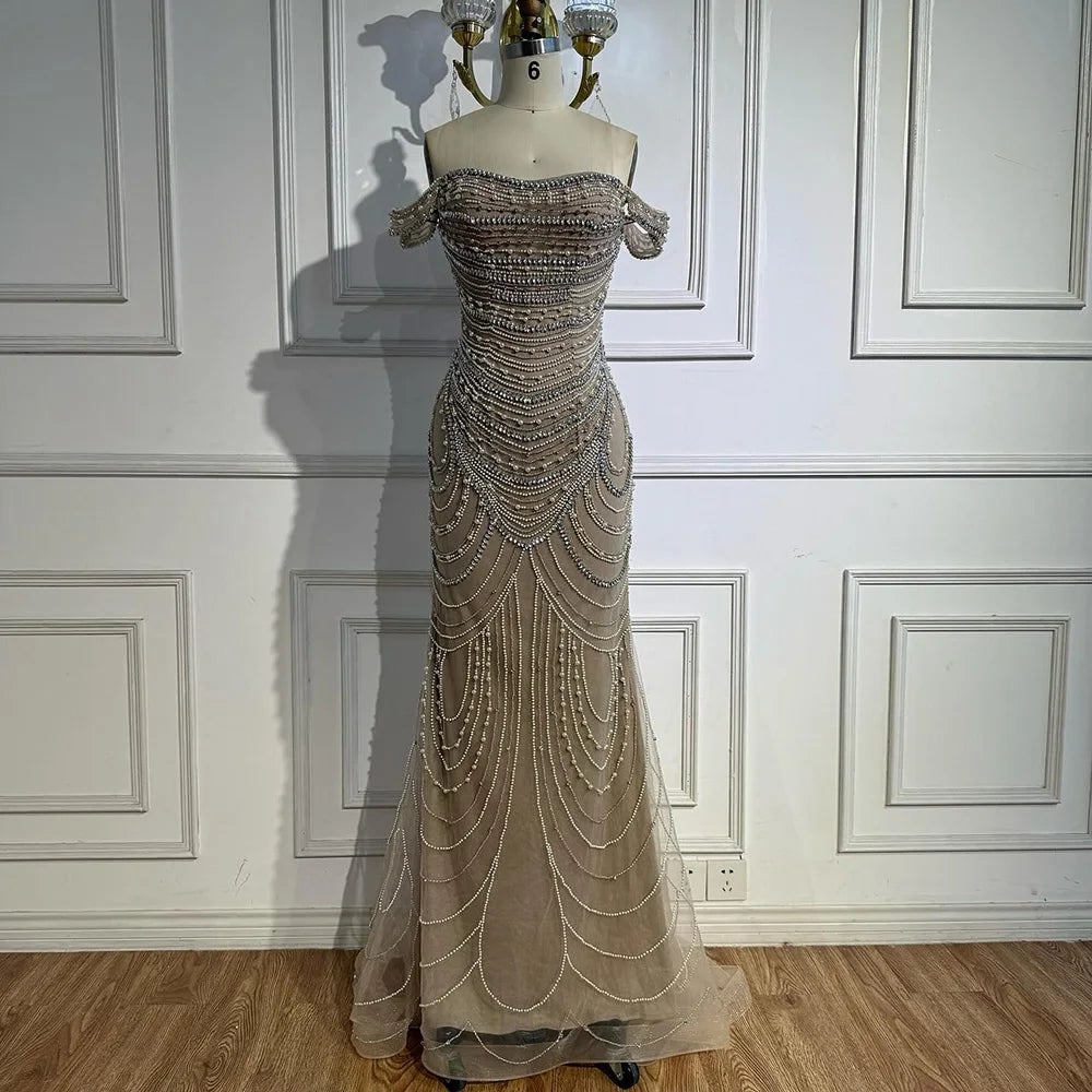 Luxury Arabic Caramel Beaded Mermaid Evening Dress with Pearls SERENE HILL LA72253C - SERENE HILL