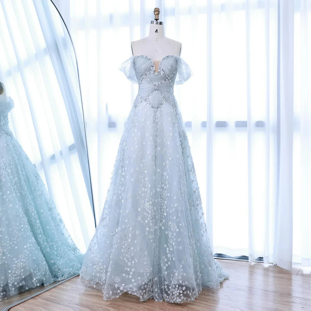 Luxury Dubai Arabic Light Blue Dreamy A-Line Evening Dress LA73099 - SERENE HILL