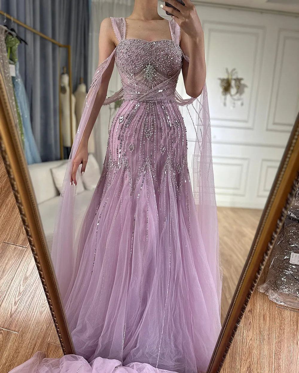 Luxury Dubai pink Beaded Spaghetti Strap Design A-Line Evening Dresses Gowns with Cape Sleeves for Formal Occasion LA72726 - SERENE HILL