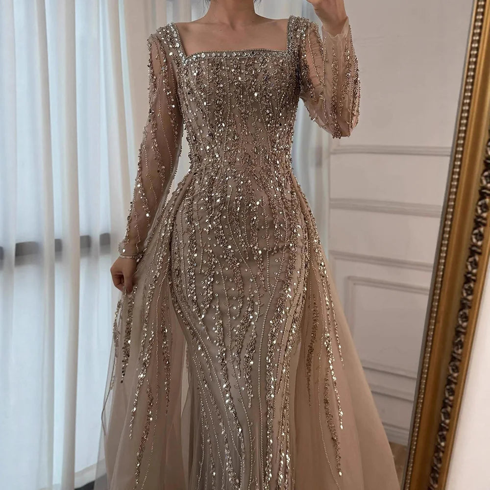 Luxury Modest Caramel Beaded Mermaid Evening Dress with Overskirt LA72710A - SERENE HILL