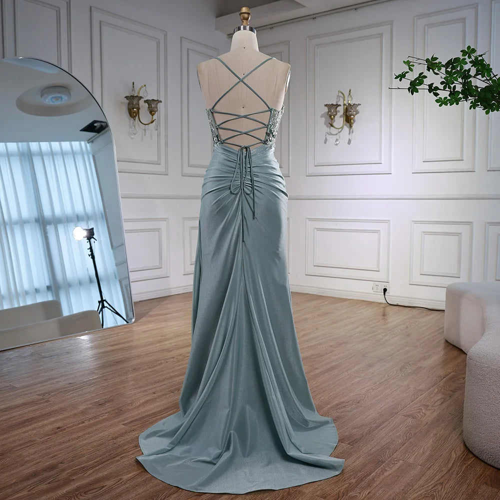Classy Light Green Satin Prom Dress with Lace and Slit LA73032A - SERENE HILL