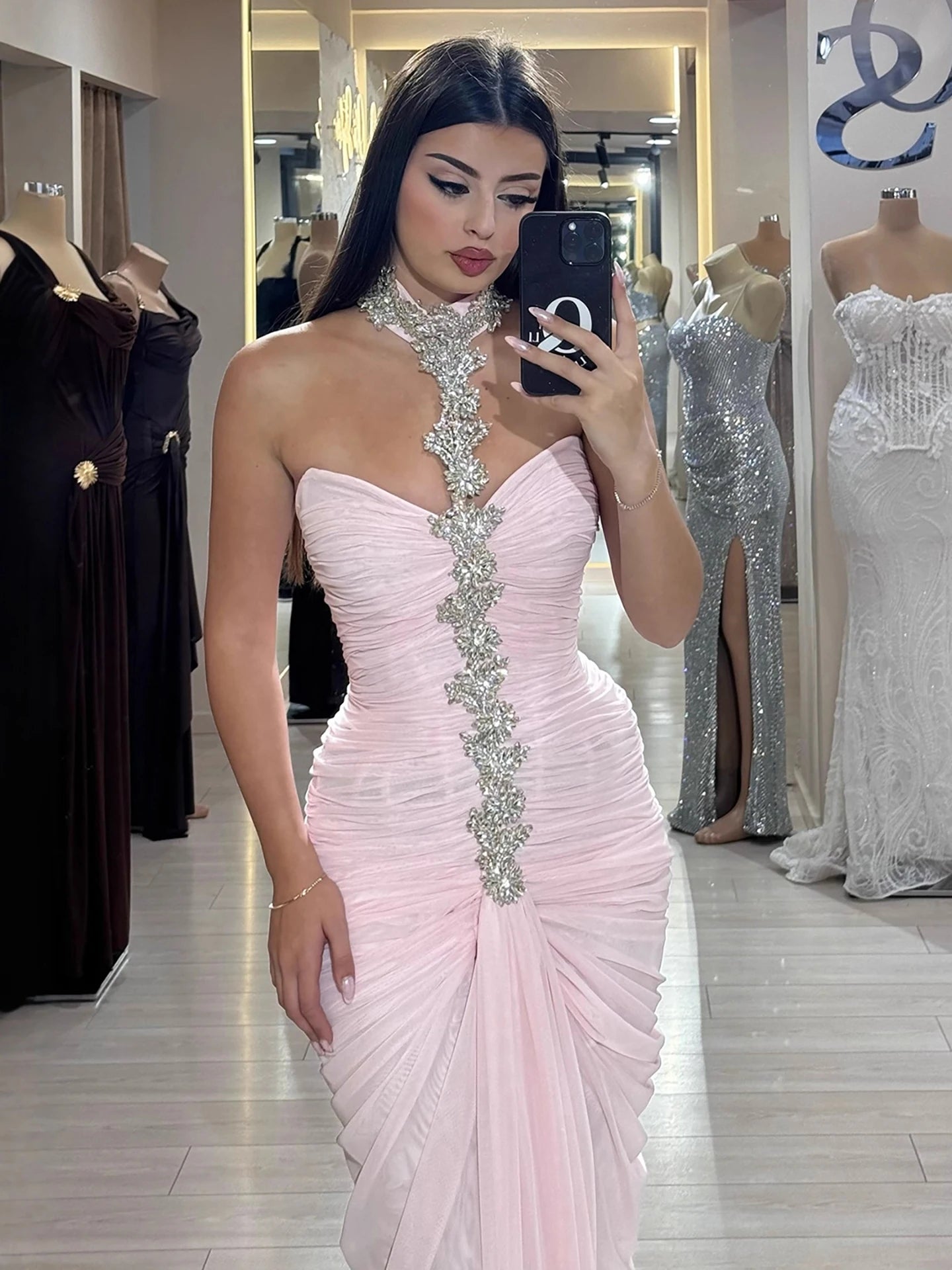 Luxury Pink Halter Crystal Beaded Evening Dress with Cape LA73374 - SERENE HILL