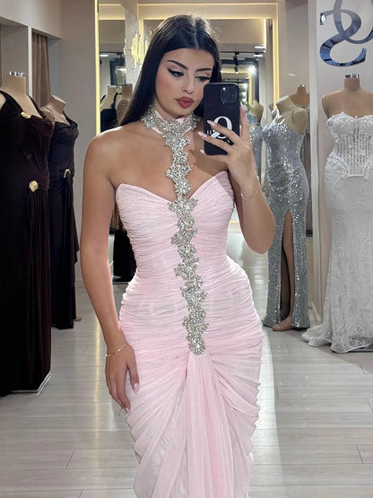 Luxury Pink Halter Crystal Beaded Evening Dress with Cape LA73374 - SERENE HILL